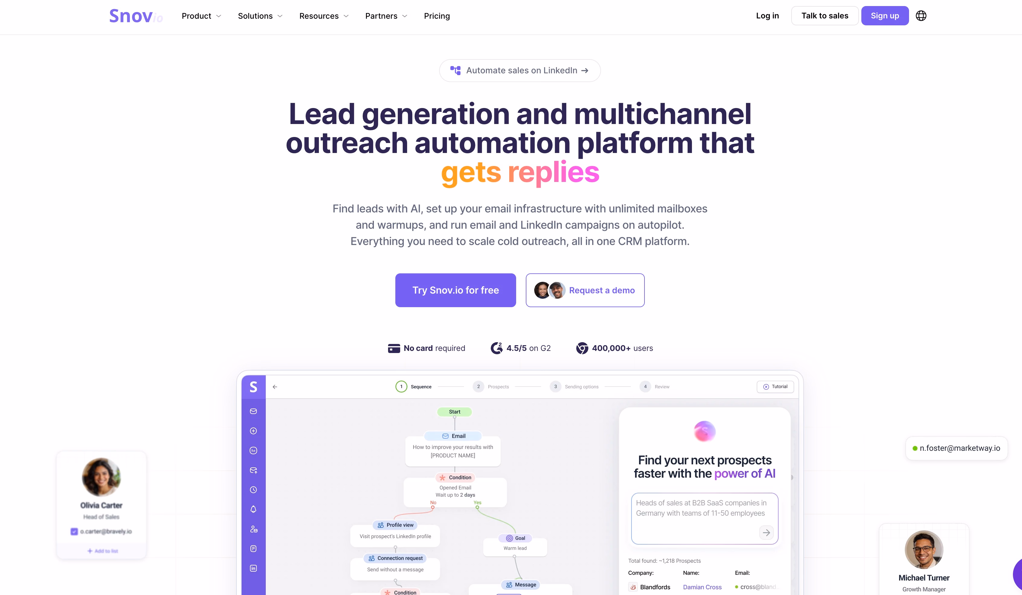 Snovio landing page showing website