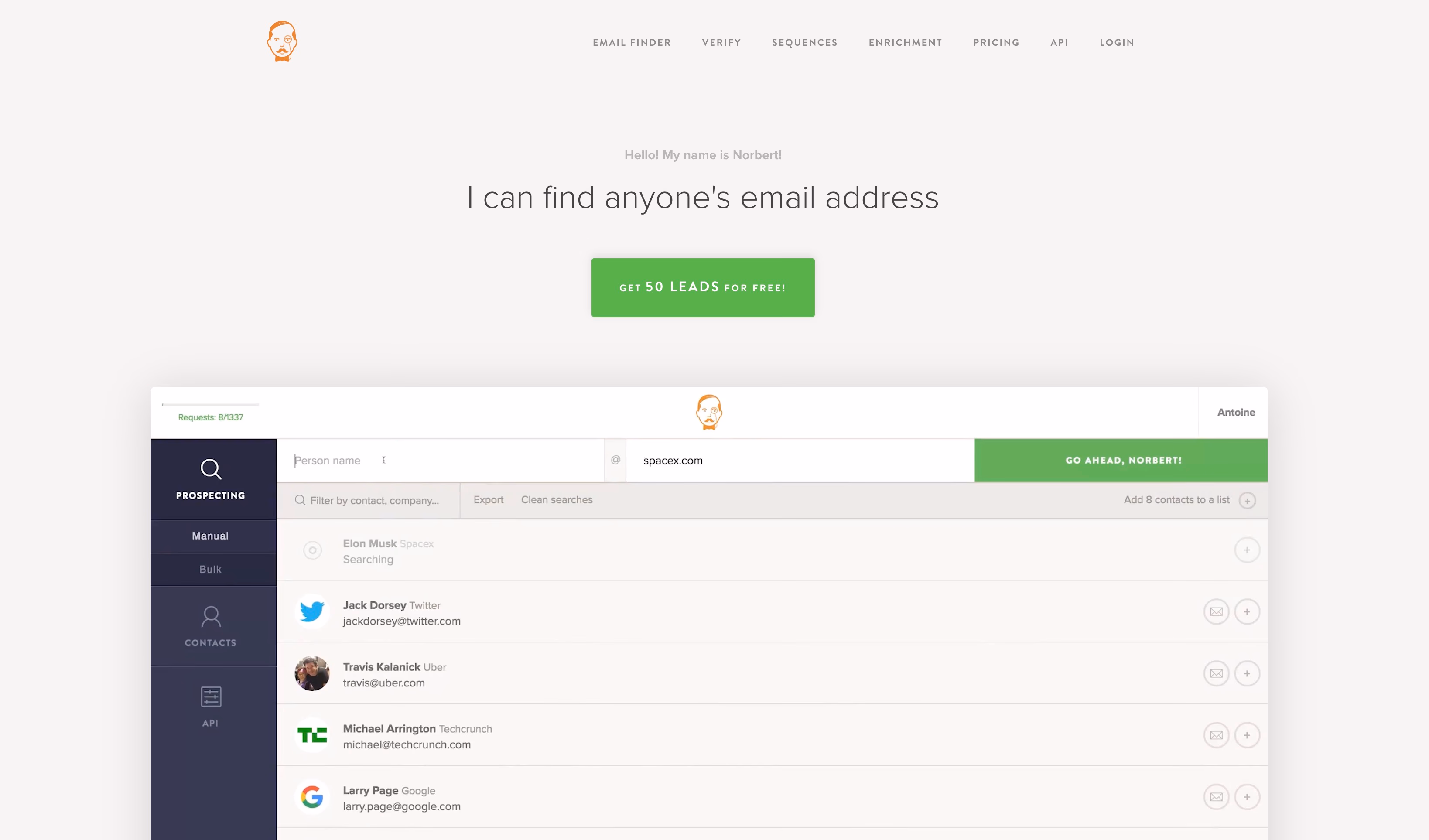 voila norbert email finder tool interface