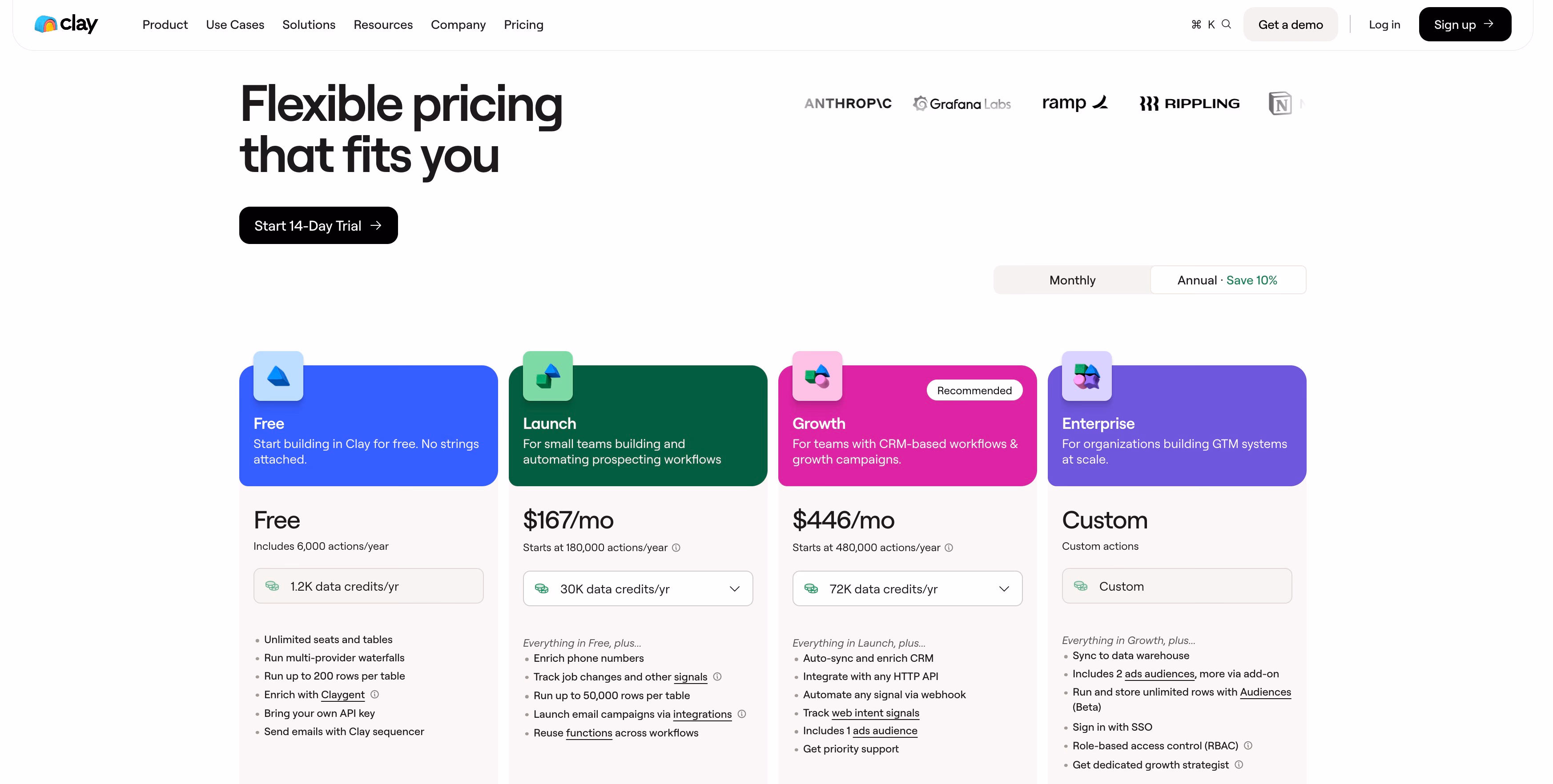 clay pricing plans webpage