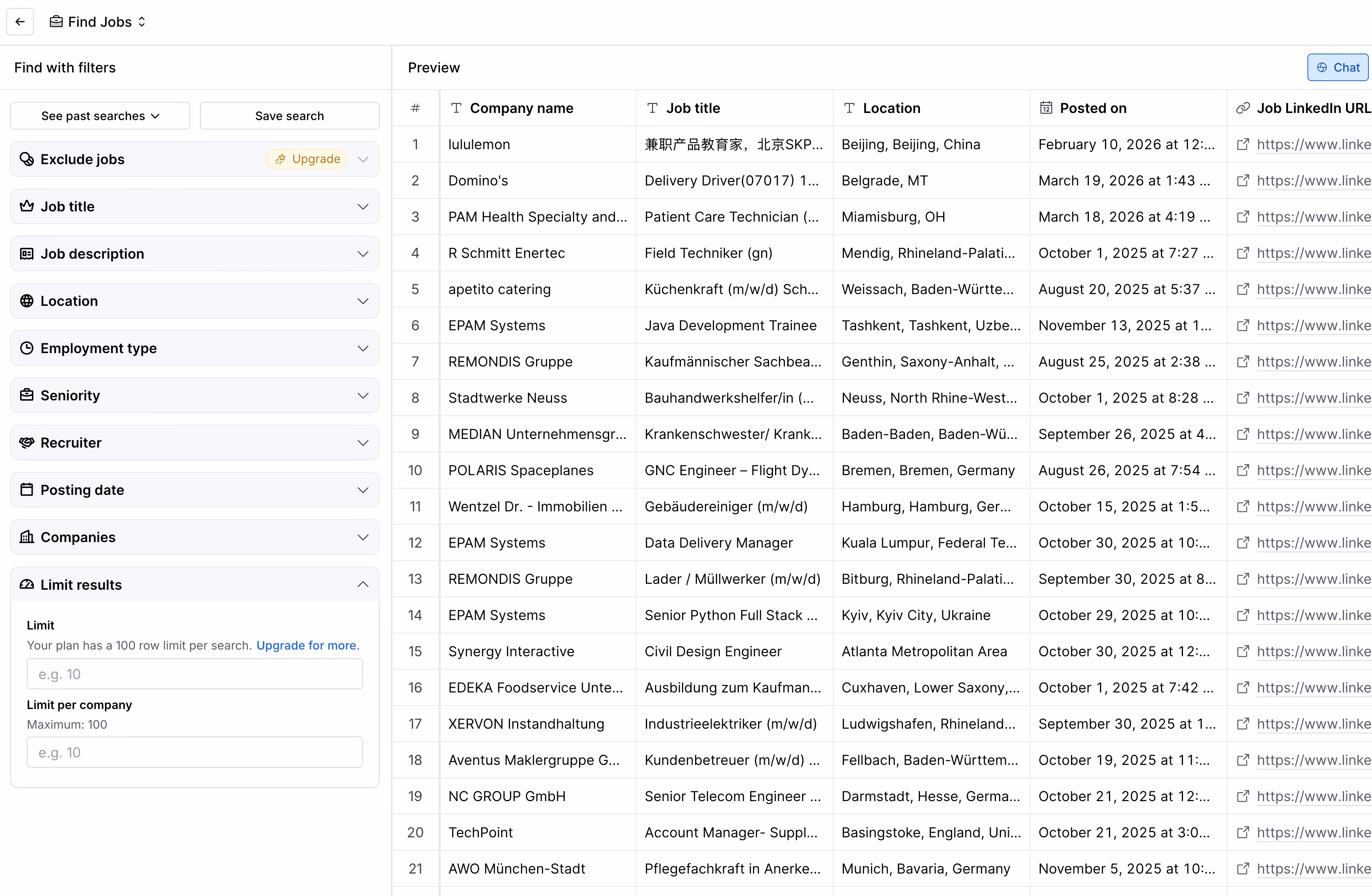 Clay job search results interface