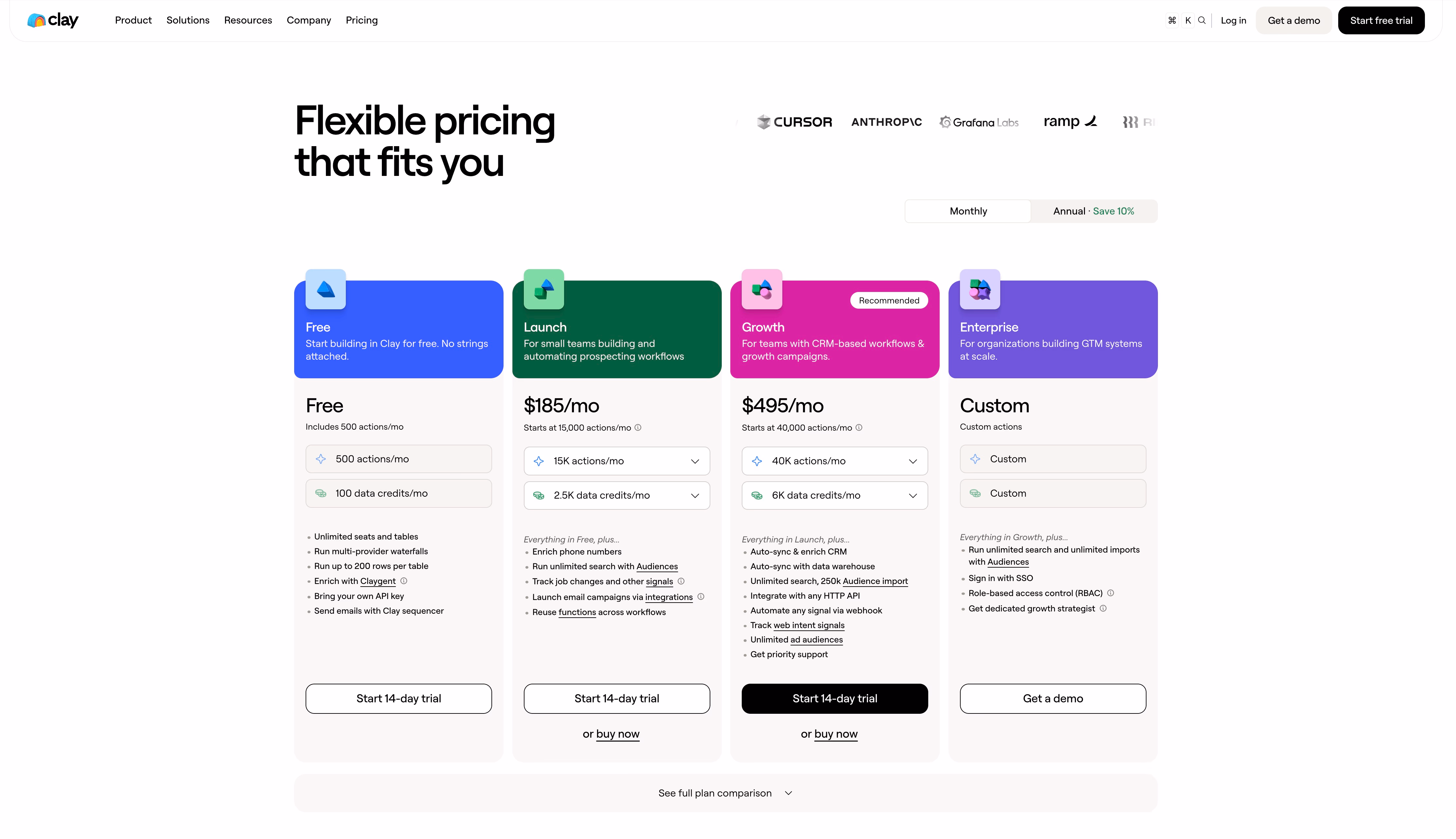 clay pricing page screenshot