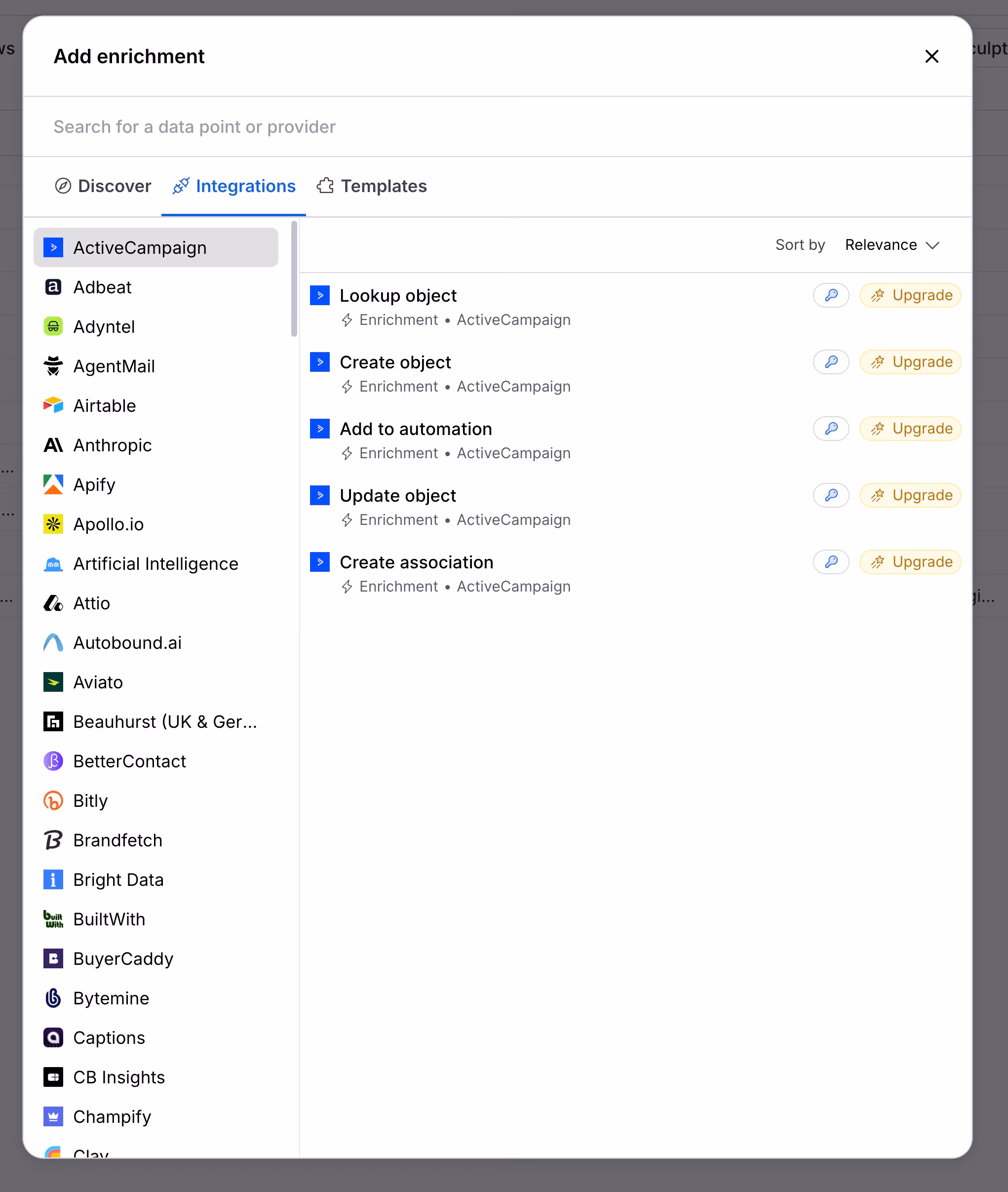 add enrichment integrations menu
