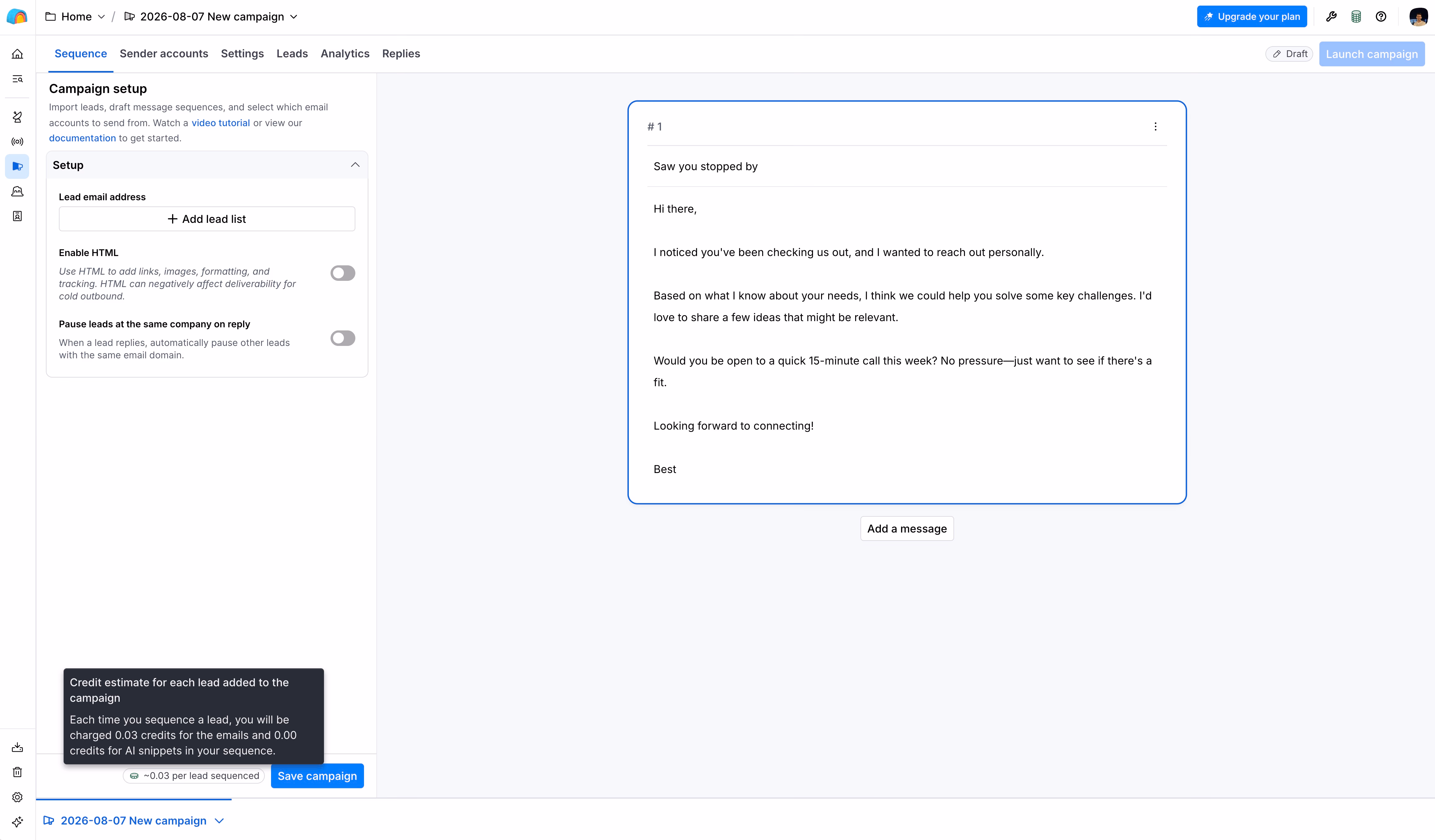 email campaign setup screen