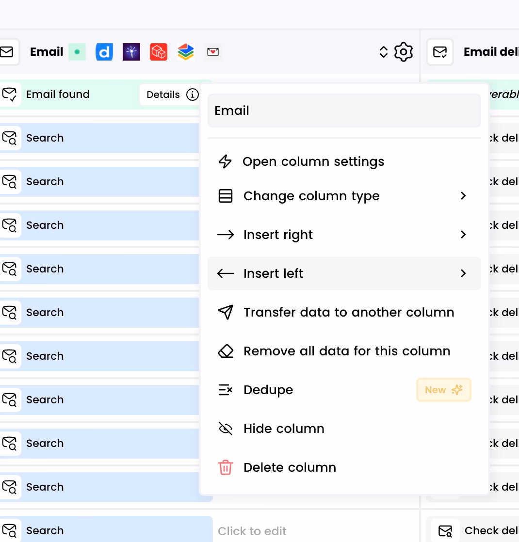 Airscale column menu on an email column