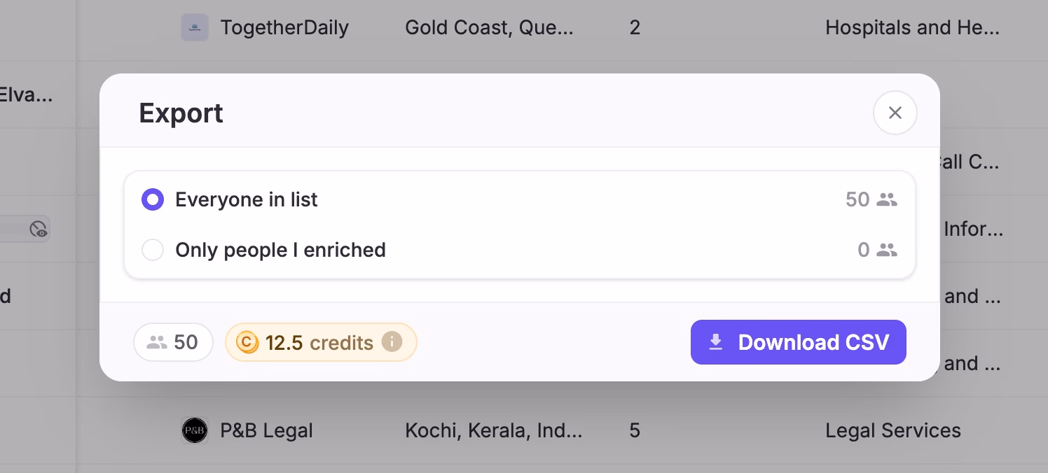 FullEnrich export list dialog