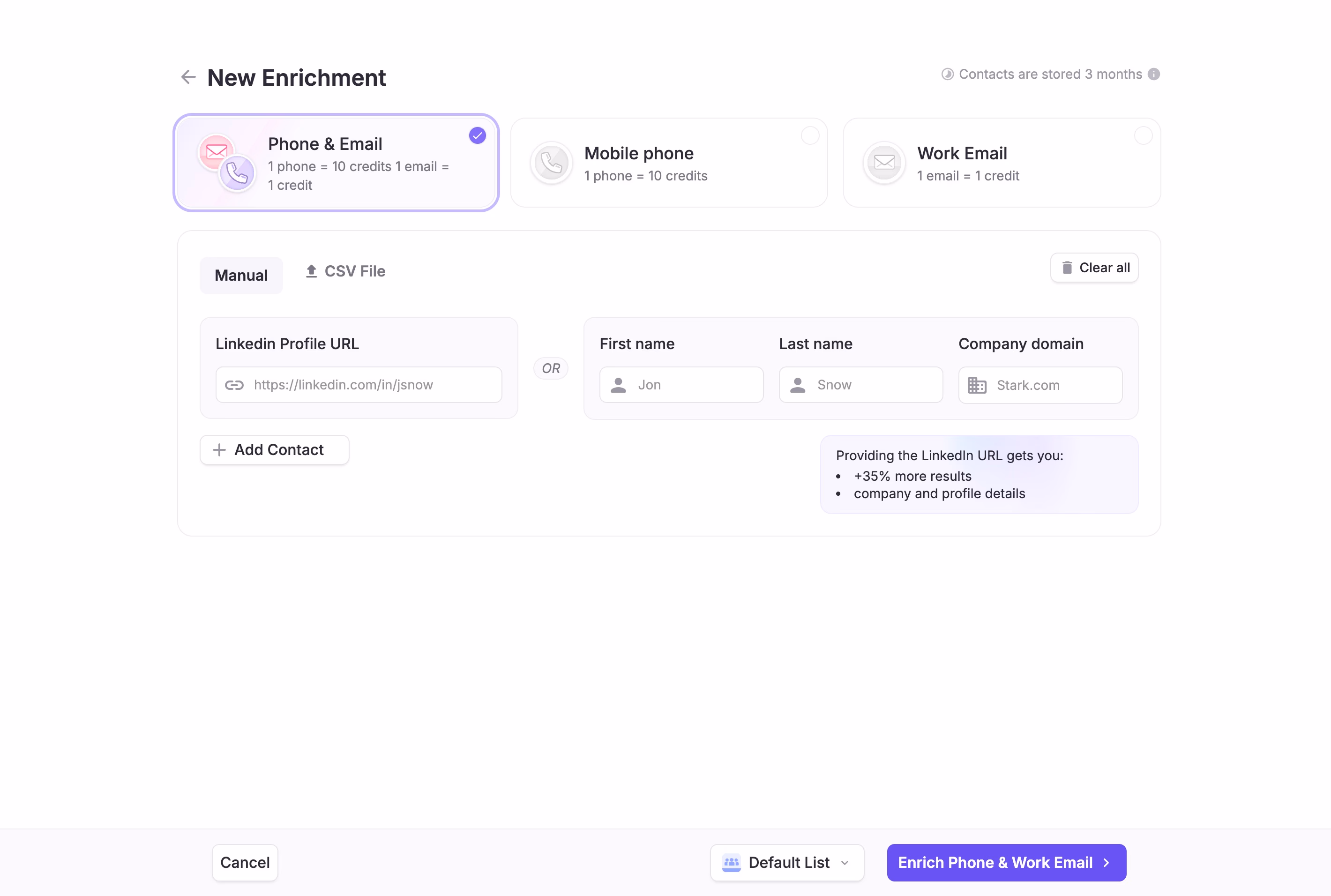 new enrichment screen manual input